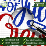 A close-up view under a magnifying glass showing the clean nodes, smooth lines, and layered paths of the 4th of July Crew SVG file, optimized for easy weeding on Cricut and Silhouette.
