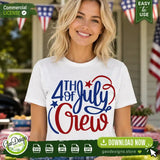 A blonde woman smiling while wearing a white t-shirt printed with the red, white, and blue 4th of July Crew SVG design, showing a perfect idea for matching Independence Day family apparel.