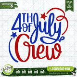 Complete 4th of July Crew digital download design vector graphic on a grid background, highlighting the available formats including SVG, PNG, DXF, and EPS for commercial use.