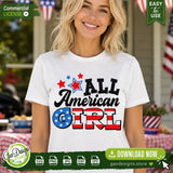 A smiling blonde woman wearing an All American Girl custom t-shirt at an outdoor summer picnic, showcasing how the patriotic digital download looks on retail boutique clothing.