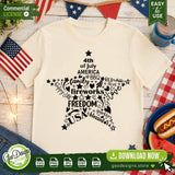 A cream-colored t-shirt featuring a black patriotic star word cloud design with words like Freedom, USA, and Fireworks. The shirt is styled on a wooden table alongside an American flag and a summer BBQ plate, perfectly showcasing how this digital SVG cut file looks on physical patriotic apparel for holiday celebrations.