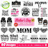 clean, organized digital display showcasing the complete "60 Designs Mother's Day SVG Mega Bundle" with a novel structure. Instead of a standard grid, the 60 unique vector and PNG designs (image_24.png) are arranged into six curated, themed columns with clear headers: "VINTAGE REVIVAL," "COQUETTE BOWS & ELEGANCE," "FUNNY & RELATABLE MOM LIFE," "BOLD MAMA GRAPHICS," "GRANDMA & GIGI LOVE," and "CLASSIC TYPOGRAPHY." Each column contains approximately 10 designs, providing a clear overview of the vast style and