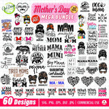 A massive overview grid featuring 60 different Mother's Day SVG designs, including retro typography, coquette bows, and floral mom life themes on a clean white background.