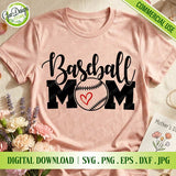 Baseball Mom PNG sublimation design displayed on a peach-colored t-shirt mockup with flowers and a Mother's Day card.
