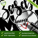 Magnifying glass close-up showing clean nodes and smooth lines of the Baseball Mom SVG for high-quality cutting.