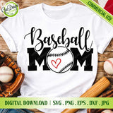 White t-shirt mockup with the 'Baseball Mom' text and a baseball with a heart design, flanked by baseball gear.