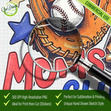Magnifying glass close-up showing hand-drawn details of the baseball glove and iced coffee in the Baseball Moms Club PNG design