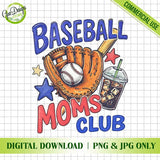 Digital preview of the Baseball Moms Club hand-drawn sublimation design with technical features and a clean grid background