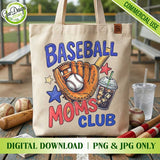 Baseball Moms Club retro hand-drawn design featured on a white t-shirt mockup with baseball gear on a rustic wooden table