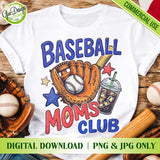  Baseball Moms Club retro hand-drawn design featured on a white t-shirt mockup with baseball gear on a rustic wooden table