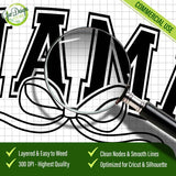 Close-up view through a magnifying glass verifying the precise, clean vector cut lines and smooth nodes of the black "Coquette Mama SVG" bow varsity design, guaranteed high quality for Cricut