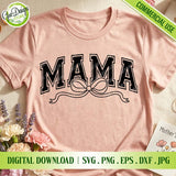 T-shirt mockup with the Coquette Mama SVG Varsity bow design.
