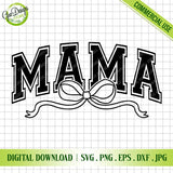 Digital technical preview of the complete "Coquette Mama SVG" Varsity bow cut file design on a clean grid background with file format icons for SVG, PNG, EPS, DXF, and JPG.