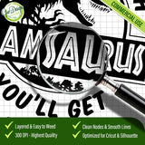 Magnifying glass close-up focusing on the precise vector lines and smooth nodes of the text and T-Rex silhouette of the Mamasaurus design, highlighting high-quality standards.