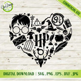 Harry Potter Heart SVG digital download file preview on light wood background, includes SVG PNG EPS DXF JPG formats for Cricut