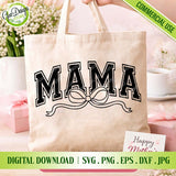 Beige canvas tote bag mockup displaying the black 'MAMA' varsity letter and bow design, styled with tulips, a gift box, and a Mother's Day card