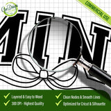 Close-up view through a magnifying glass verifying the precise cut lines and clean nodes of the 'MINI' varsity SVG design, highlighting high quality for Cricut