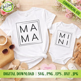 flat lay mockup of a white adult T-shirt with 'MAMA' boxed text and a baby onesie with 'MINI' boxed text on a wooden floor with sunglasses, sandals, and teddy bear accessories.