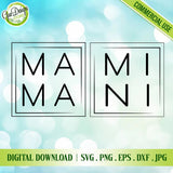 displaying a technical vector preview of the MAMA and MINI boxed typography designs on a clean shimmer background with file format icons