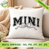 White throw pillow mockup featuring the black 'MINI' varsity letter and bow design, placed on a sofa next to a knitted blanket and fresh flowers