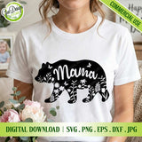 Mama Bear floral SVG design on a white t-shirt mockup.