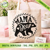  Mama Bear SVG design on a Mother's Day tote bag mockup with flowers and a gift tag.