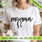 A close-up lifestyle mockup of a woman wearing a white t-shirt featuring the minimalist "mama" script design with a black bow.