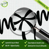 Magnifying glass showing the clean nodes and smooth lines of the Mama Coquette Bow cut file for Cricut
