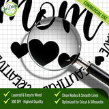 Close-up through a magnifying glass demonstrating the clean nodes, smooth lines, and layered quality of the Mama Heart PNG and Motherhood quote SVG, perfect for vinyl cutting and scaling.