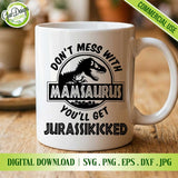 Coffee mug mockup featuring the Mamasaurus T-Rex design and text, placed on a rustic wooden table with a blurred background.
