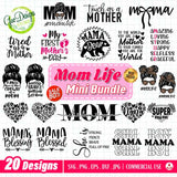 Mom Life Mini Bundle featuring 20 different Mother's Day SVG and PNG designs including funny quotes and floral mom graphics on a grid.