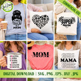 A collage of six mockups showcasing the "Mom Life Mini Bundle" SVG designs on t-shirts, decorative pillows, tote bags, and mugs, including funny quotes and messy bun graphics