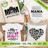 A four-panel grid mockup displaying various "Mom Life" SVG bundle designs on a canvas tote bag, an adult t-shirt, a baby onesie, and a decorative throw pillow