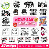 Mother's Day Mini Bundle SVG PNG featuring a collection of 20 unique design previews including Mama Bear, Baseball Mom, and Mamasaurus with a pink "20 Designs" sale banner