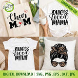 Mockup displaying the 'Cheer Mom' design on a tote bag, 'Love Loved Mama' on a t-shirt, and messy bun style on a pillow