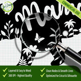 Magnifying glass over floral design with 'Madeira' text, featuring a butterfly, on a black background.