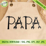 Canvas apron mockup featuring the black PAPA Tools SVG design with leather accents and Gao Designs Store commercial branding.