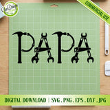  PAPA Tools SVG black design on a green cutting mat with Cricut tools and Gao Designs Store commercial use banners.