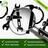 Magnifying glass close-up of the PAPA Tools SVG design on a grid background showing clean vector paths, sharp nodes, and technical quality icons.