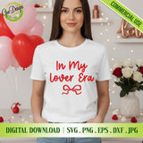 White t-shirt mockup featuring "In My Lover Era" quote and red bow, trendy Swiftie aesthetic outfit.