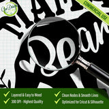 A technical preview image with a magnifying glass showing the crisp, clean vector lines of the "MAMA BEAR" SVG design, highlighting high resolution and easy cutting quality