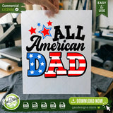 A high-quality print-out of the All American Dad design held over a desk, showing the crisp 300 DPI resolution suitable for sublimation transfers and DIY heat press projects.