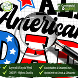 A close-up view through a magnifying glass showing the high-quality smooth lines and clean nodes of the All American Dad SVG file, emphasizing it is easy to weed for vinyl crafters.