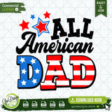The complete All American Dad SVG digital design displayed on a grid background, highlighting the clean nodes and layered structure ready for Cricut and Silhouette cutting machines.