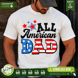A man wearing a white t-shirt featuring the All American Dad SVG design with patriotic US flag colors and stars, perfect for 4th of July or Father's Day apparel projects.