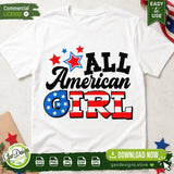 A white graphic t-shirt mockup displaying the All American Girl design with red, white, and blue stars and stripes, ideal for 4th of July crafting and sublimation apparel.