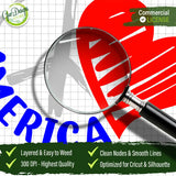 Detailed close-up of the America peace heart SVG file under a magnifying glass highlighting clean nodes and smooth lines optimized for easy weeding and professional printing quality.