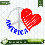 Main preview of America peace heart SVG design for 4th of July crafts featuring a red flag heart and blue typography on a professional grid background with commercial license badge.