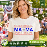 A smiling woman wearing a white t-shirt featuring the American Mama SVG design at an outdoor 4th of July celebration. This patriotic mom shirt design is perfect for Independence Day events and summer family gatherings.