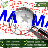 A magnifying glass zooming in on the American Mama SVG file to showcase clean nodes and smooth lines. This 300 DPI high-quality digital asset is optimized for easy weeding and professional printing results.